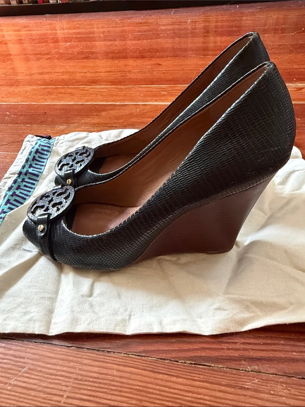 Tory Burch Black Snake Embossed Logo Peep-Toe Wedges